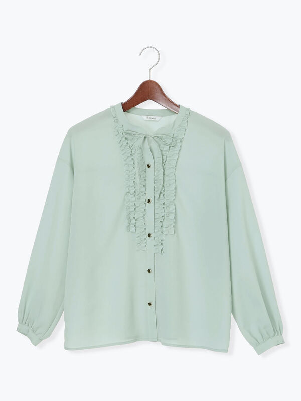 セール】 フロントフリルキーネックブラウス（オフホワイト/グレー