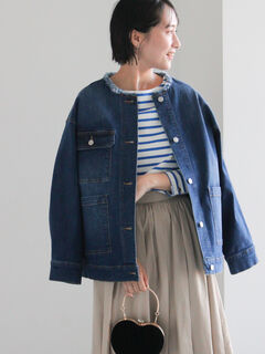 ノーカラーデニムジャケット（ブルー/ネイビー/アウター/ジャケット