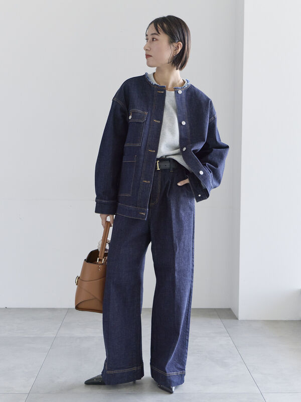 【極美品◦3XL✨】TO BE CHIC 2wayノーカラーデニムジャケット46 セール】 ノーカラーデニムジャケット（ブルー/ネイビー/アウター