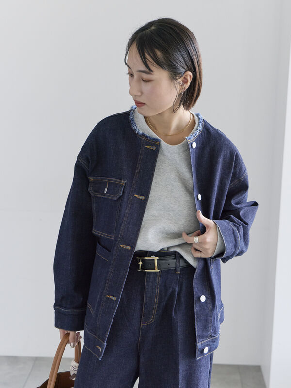 ノーカラーデニムジャケット（ブルー/ネイビー/アウター/ジャケット