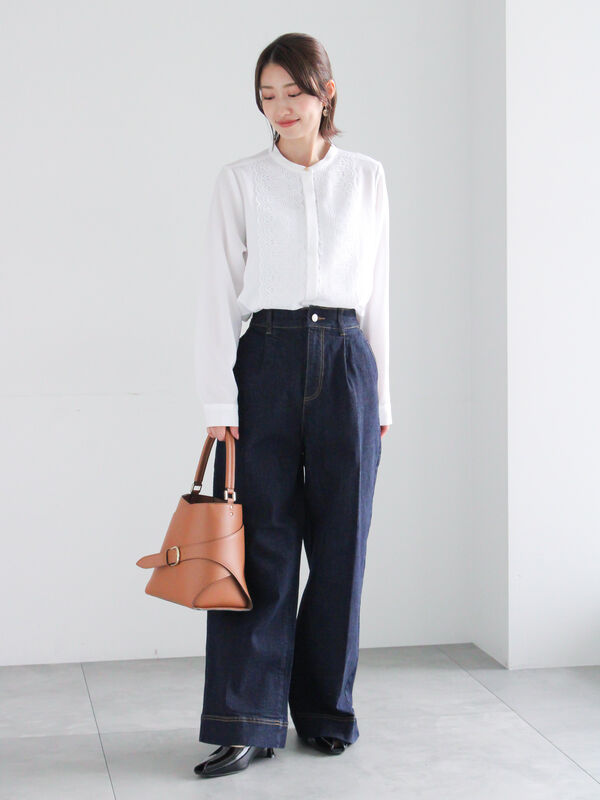 ワイドデニムパンツ（サックスブルー/ネイビー/ボトムス/パンツ）| Te