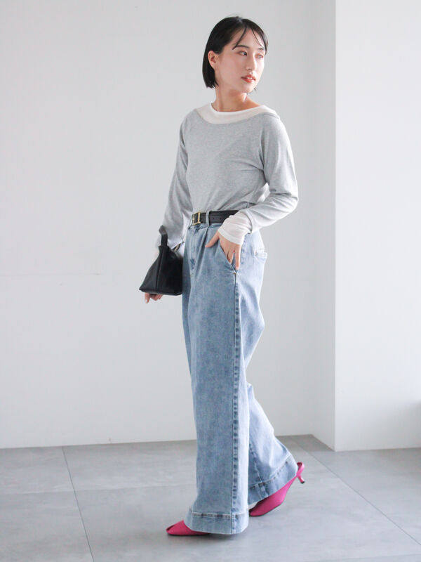 ワイドデニムパンツ（サックスブルー/ネイビー/ボトムス/パンツ）| Te