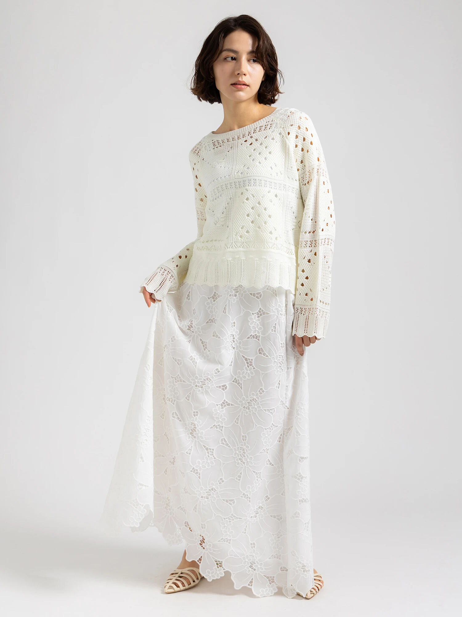 Atelier ChouChou】オーバーレースロングフレアスカート（オフホワイト