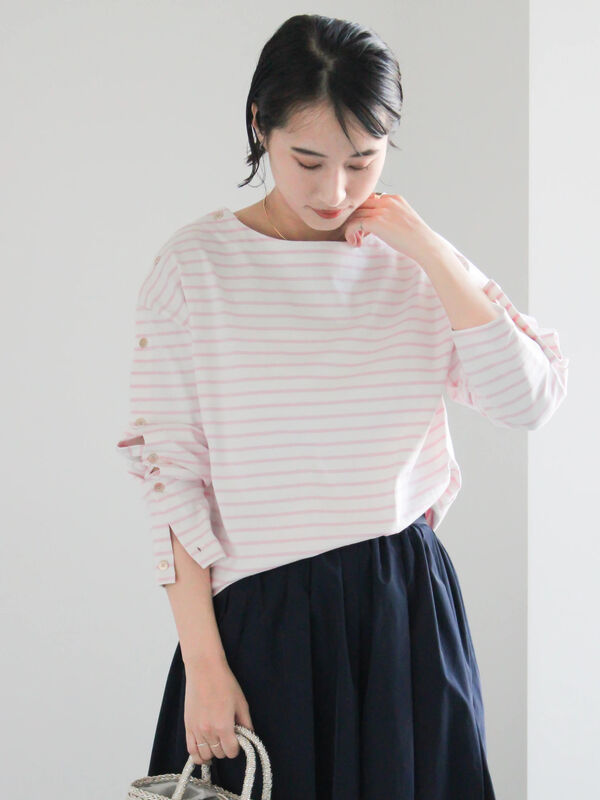 ショルダー釦ボーダーカットソー《2026 spring catalog item》（ピンク