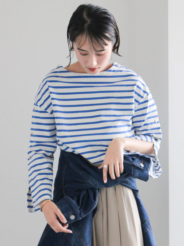 ショルダー釦ボーダーカットソー《2026 spring catalog item》（ピンク