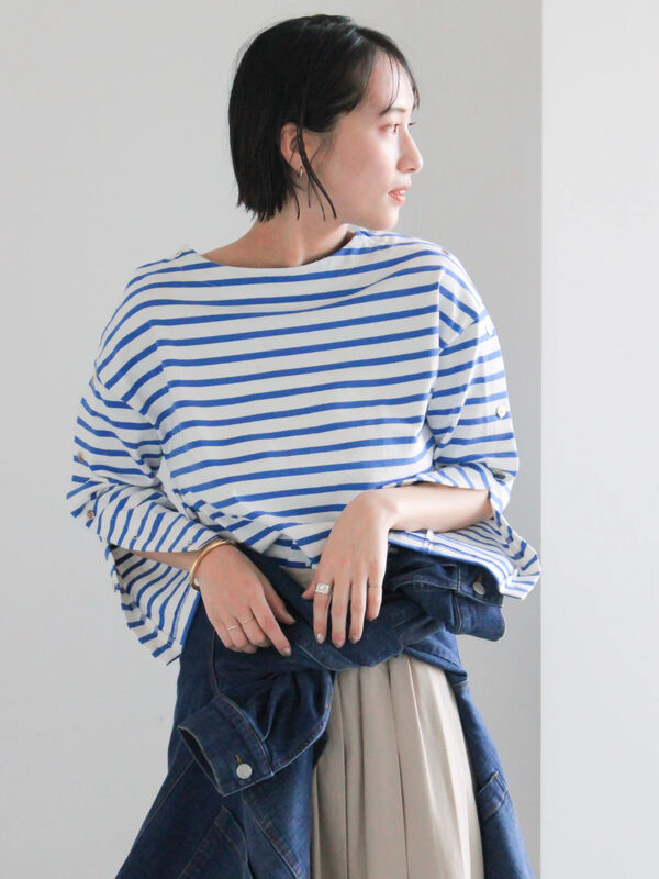 ショルダー釦ボーダーカットソー《2026 spring catalog item》（ピンク