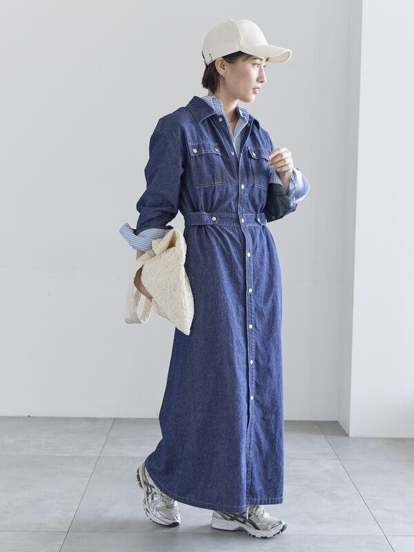 ウエストマークデニムシャツワンピース（ブルー/ネイビー/ワンピース