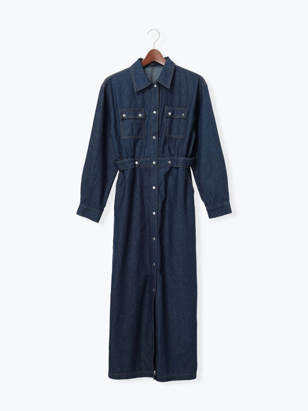 ウエストマークデニムシャツワンピース（ブルー/ネイビー/ワンピース