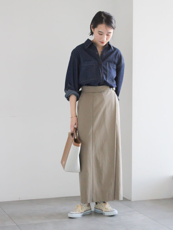 サイドベルトチノタイトスカート（オフホワイト/ベージュ/ネイビー