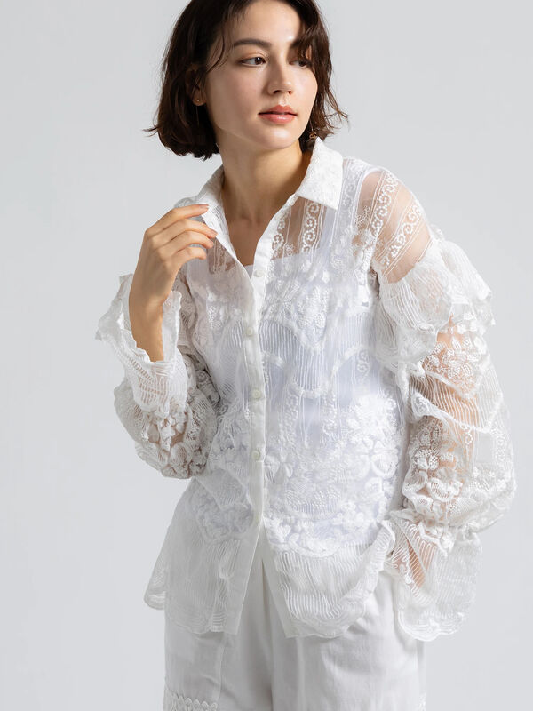 【Atelier ChouChou】オーガンジーレースフリルシャツブラウス（オフホワイト）｜Te chichi（テチチ）通販