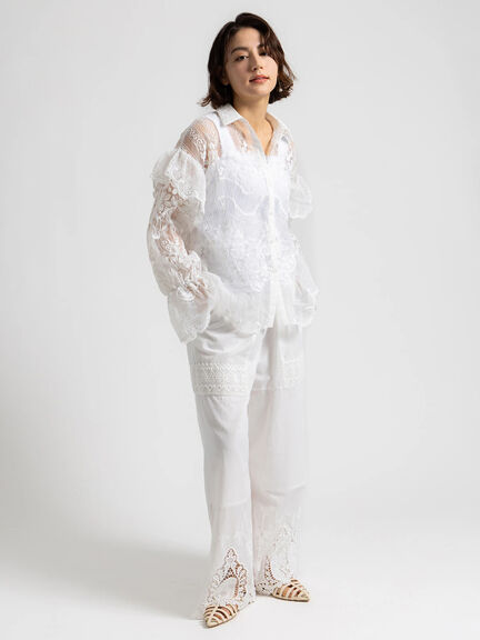 【Atelier ChouChou】オーガンジーレースフリルシャツブラウス（オフホワイト）｜Te chichi（テチチ）通販