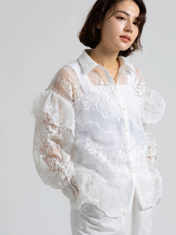 Atelier ChouChou】オーガンジーレースフリルシャツブラウス（オフ