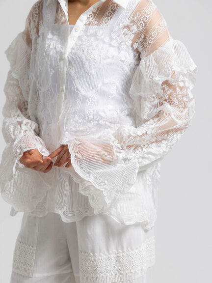【Atelier ChouChou】オーガンジーレースフリルシャツブラウス（オフホワイト）｜Te chichi（テチチ）通販
