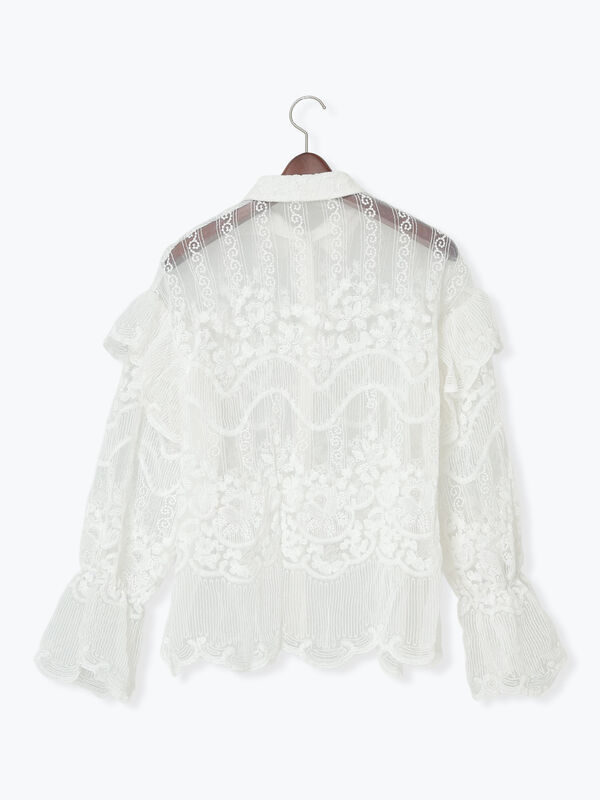 Atelier ChouChou】オーガンジーレースフリルシャツブラウス（オフ