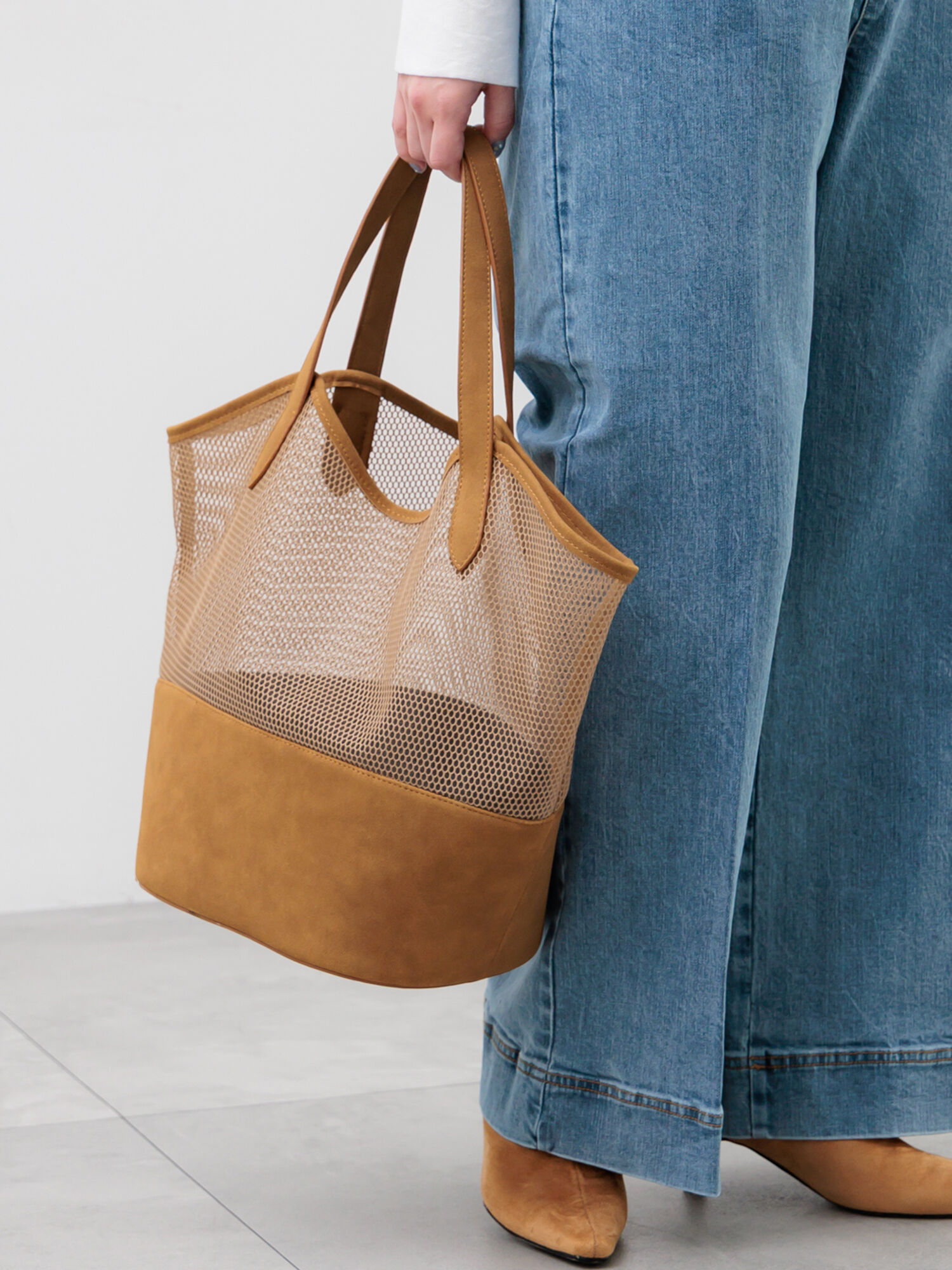 メッシュコンビトートバッグ（ブラック/キャメル/バッグ/バッグ
