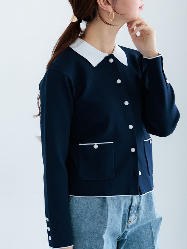 総針衿付きジャケットカーディガン《2026 spring catalog item》（オフホワイト/ピンク/ネイビー）｜Te chichi（テチチ）通販