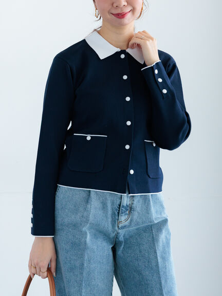 総針衿付きジャケットカーディガン《2026 spring catalog item》（オフホワイト/ピンク/ネイビー）｜Te chichi（テチチ）通販