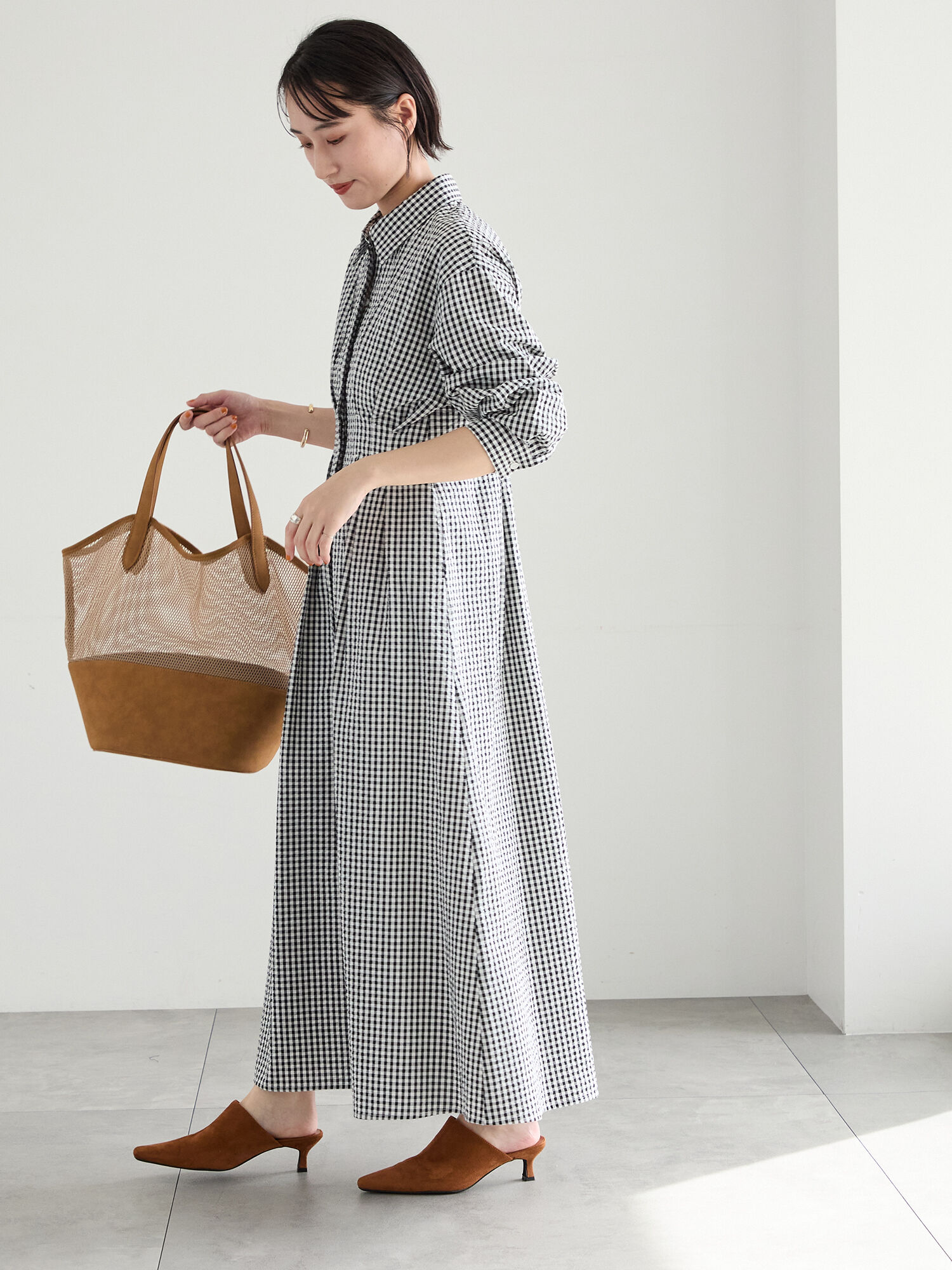 サッカーウエストシェイプワンピース（グレー/ネイビー/ギンガム