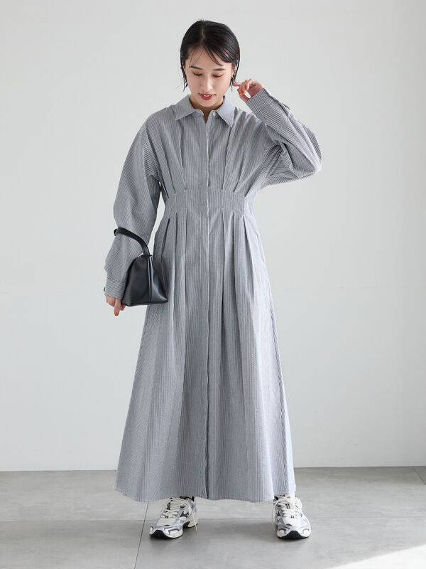 サッカーウエストシェイプワンピース（グレー/ネイビー/ギンガム