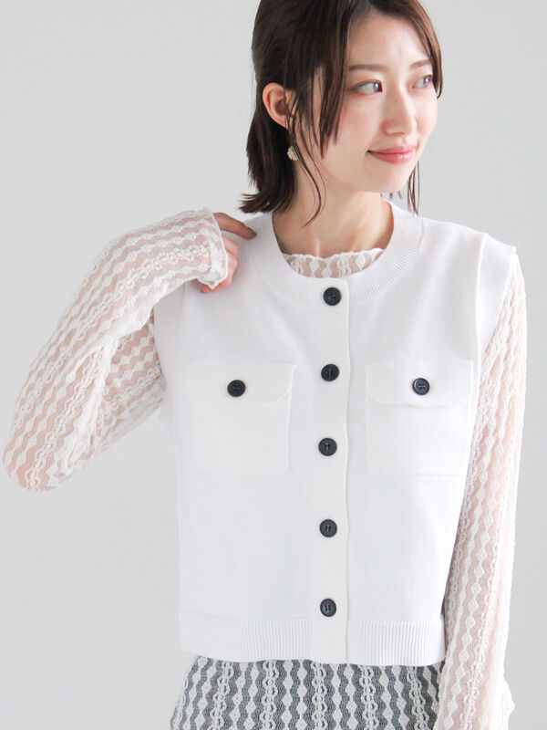 ポケット付きニットベスト（オフホワイト/ブラック/グリーン/トップス