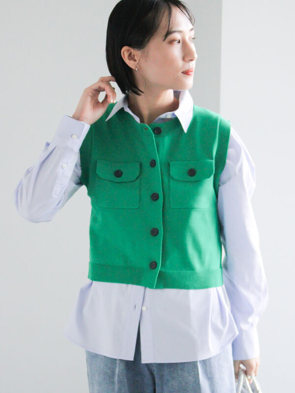 ポケット付きニットベスト（オフホワイト/ブラック/グリーン/トップス