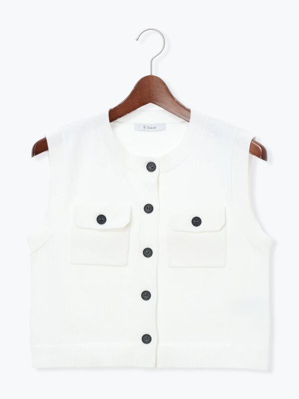 ポケット付きニットベスト（オフホワイト/ブラック/グリーン/トップス