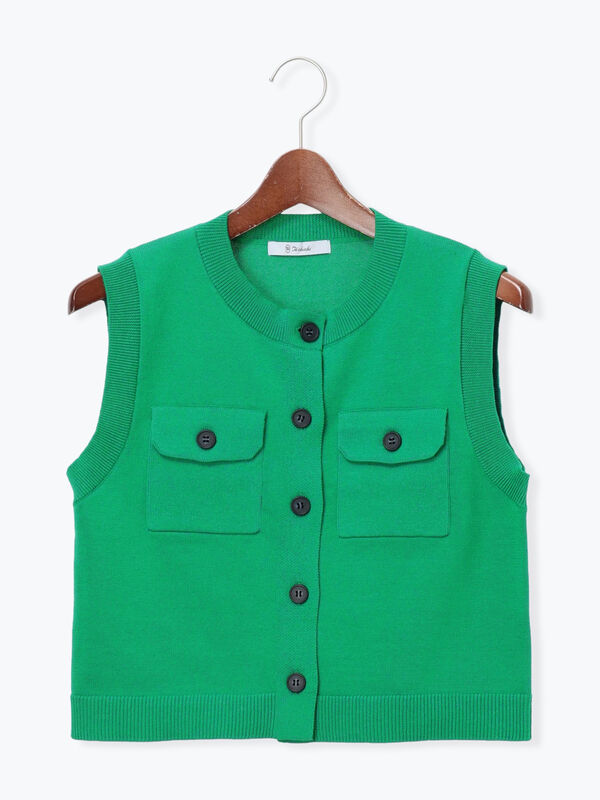 ポケット付きニットベスト（オフホワイト/ブラック/グリーン/トップス