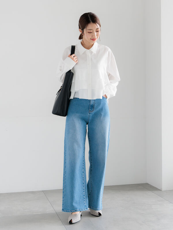 【新品】イエロー♡フリル♡ティアード♡トップス セール】 ティアードフリルクロップトシャツ（オフホワイト/イエロー