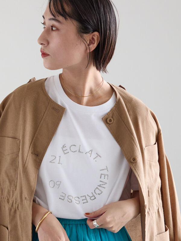 ラインストーンサークルロゴTシャツ（オフホワイト/シルバー