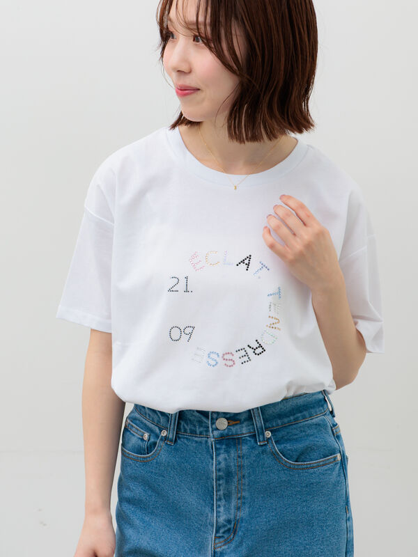 期間限定】 ラインストーンサークルロゴTシャツ（オフホワイト