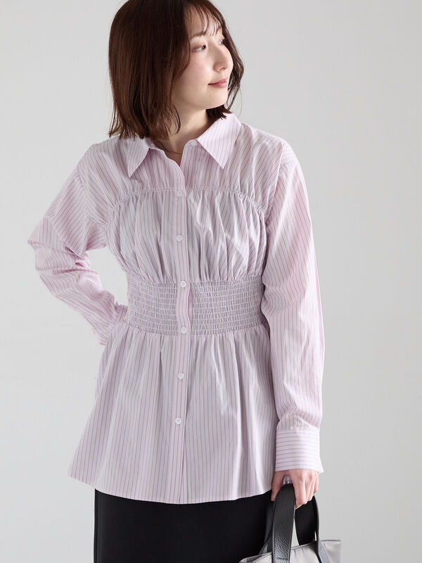 ペプラムシャーリングシャツブラウス（オフホワイト/ピンク/サックス