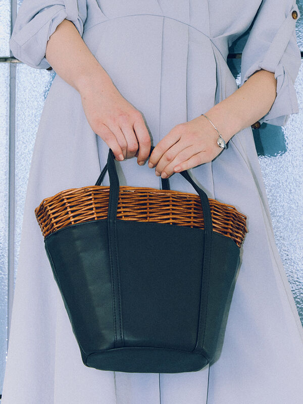 セール】 柳エコレザーコンビカゴバッグ（ブラック/バッグ/バッグ
