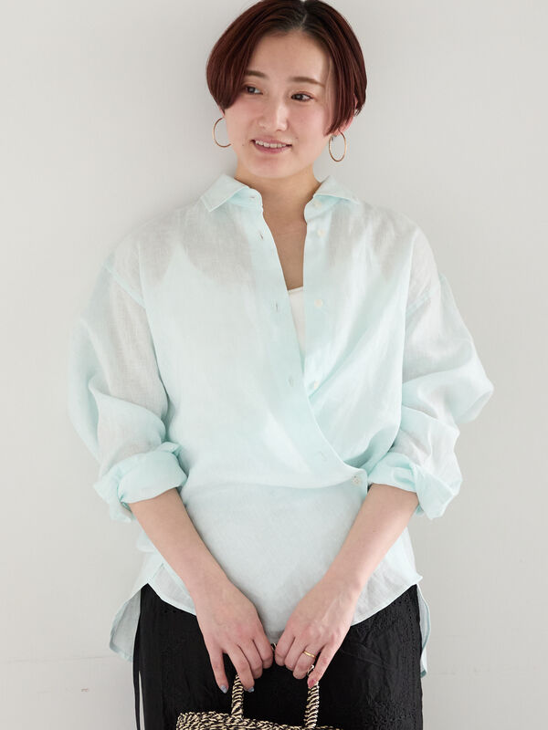 Zyga ロング　ブラウス　S (s~Xl) フリーサイズ　フレンチリネン サックスブルー】フレンチリネン100%使用ロングシャツワンピース