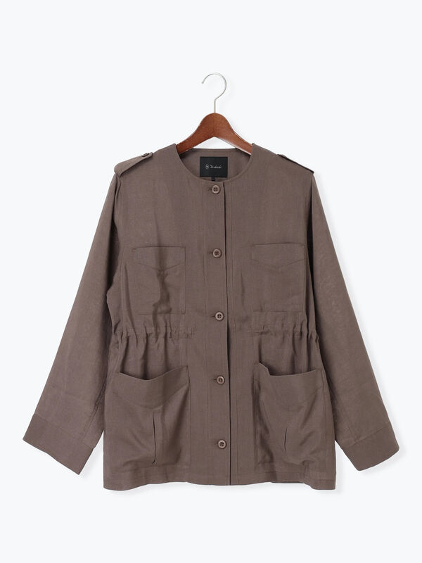 OUR カーキ ノーカラーサファリジャケット　オリーブブラウン セール】 ノーカラーサファリジャケット《2026 spring catalog item