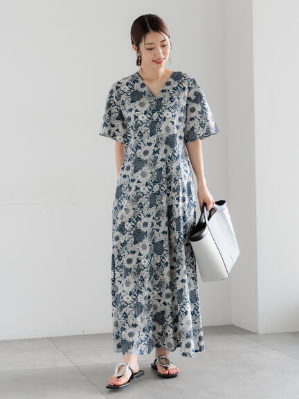 【LIBERTY FABRICS】Vネックフレアワンピース（ブラック/ネイビー）｜Te chichi（テチチ）通販