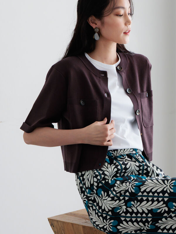 【調温】14G総針ハーフスリーブニットジャケット（オフホワイト/ブラック/ブラウン）｜Te chichi（テチチ）通販