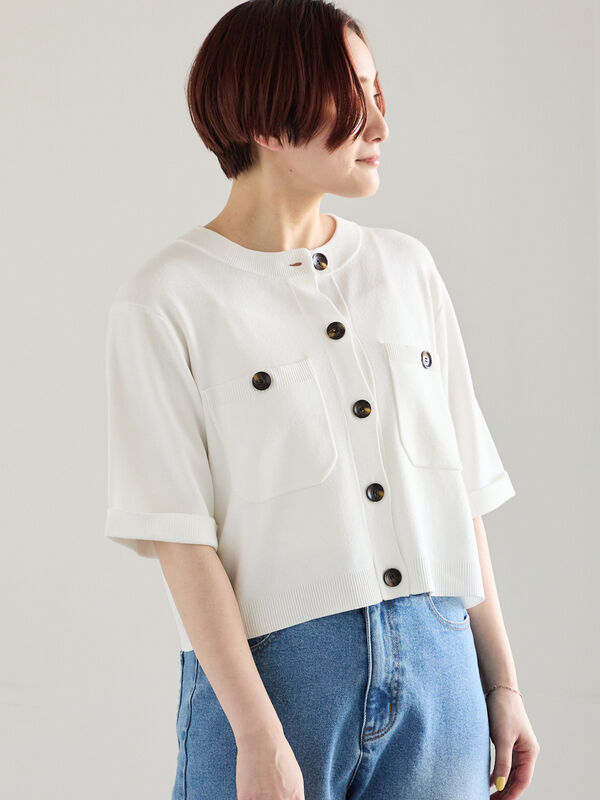 【調温】14G総針ハーフスリーブニットジャケット（オフホワイト）｜Te chichi（テチチ）通販