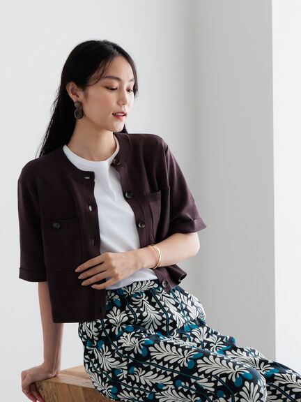 【調温】14G総針ハーフスリーブニットジャケット（オフホワイト/ブラック/ブラウン）｜Te chichi（テチチ）通販