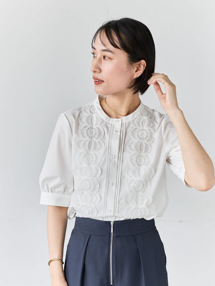 ピンタック&レース5分袖ブラウス（オフホワイト/チャコールグレー/サックスブルー）｜Te chichi（テチチ）通販