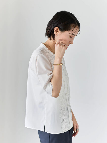 ピンタック&レース5分袖ブラウス（オフホワイト/チャコールグレー/サックスブルー）｜Te chichi（テチチ）通販