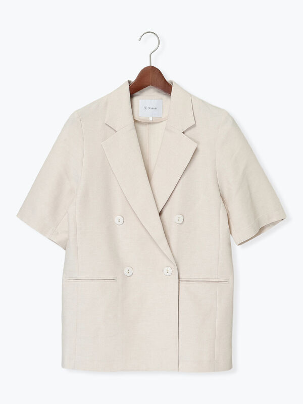定価¥37400 リネンストレッチハーフスリーブジャケット ベージュ セール】 リネンMIXハーフスリーブジャケット（ベージュ/アイボリー