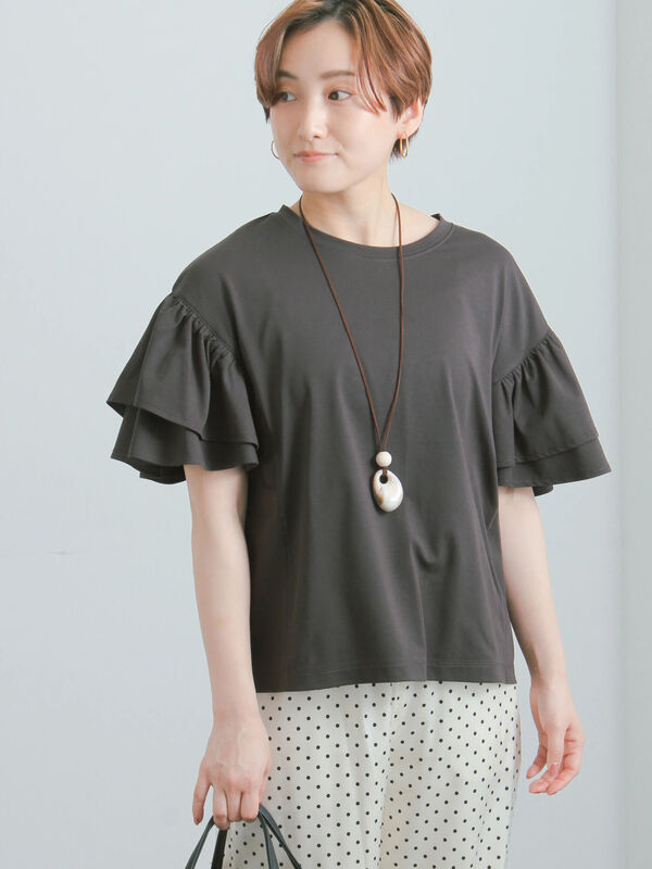 新品　Katie PAPILLON ビッグTシャツ　チャコール　フリーサイズ 期間限定】 【接触冷感/遮熱/吸水速乾】フリルスリーブビッグTシャツ