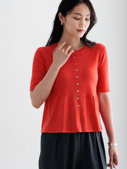 【調温】ペプラムハーフスリーブニット（オフホワイト/ブラック/オレンジ）｜Te chichi（テチチ）通販