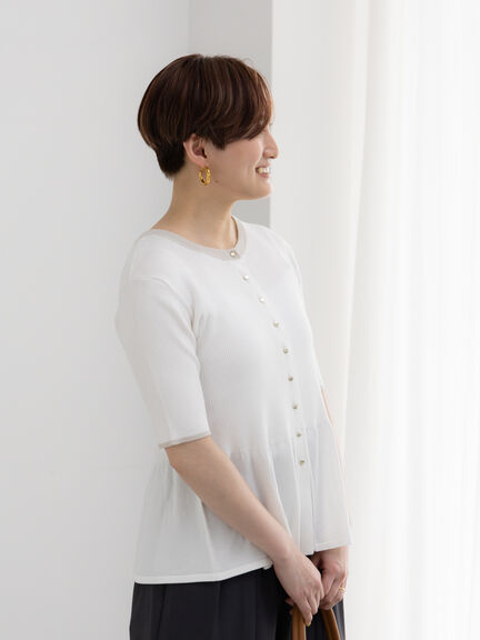 【調温】ペプラムハーフスリーブニット（オフホワイト/ブラック/オレンジ）｜Te chichi（テチチ）通販