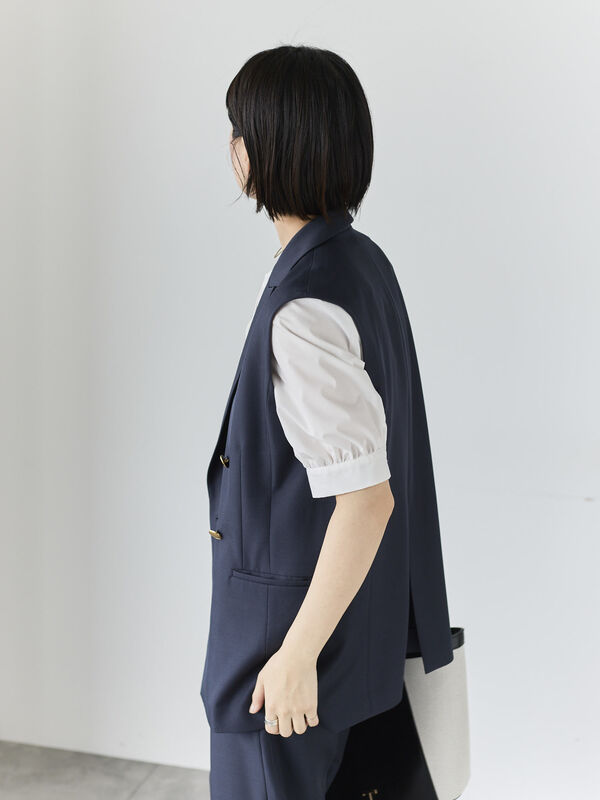 リネンライクダブルブレストジレ(セットアップ可)（ベージュ/ネイビー