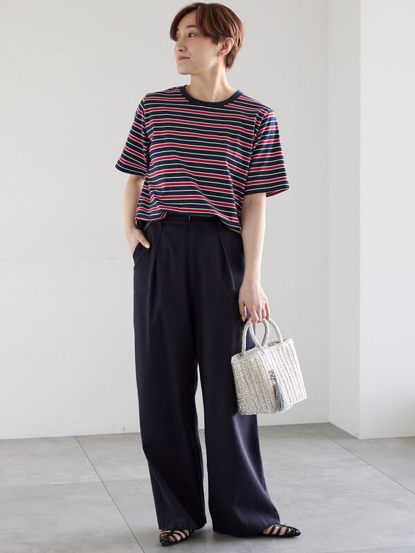 期間限定】 レーヨンリネンストレートパンツ（オフホワイト/レッド