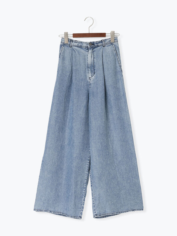 ウォッシュデニムライクタックワイドパンツ(セットアップ可)（ブラック