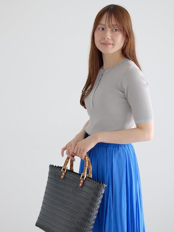 セール】 【UVカット】ヘンリーネック5分袖配色リブニット（オフ