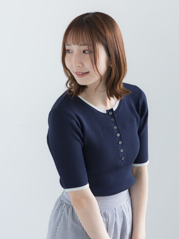 セール】 【UVカット】ヘンリーネック5分袖配色リブニット（オフ