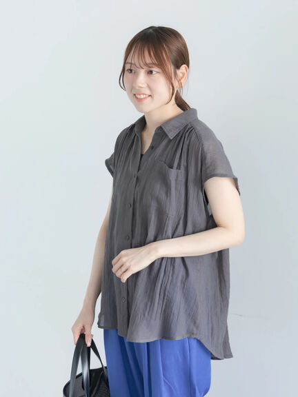 【7色展開】シャンブレーボイルフレンチスリーブシャツ（オフホワイト/チャコールグレー/マスタード/グリーン/ブルー/パープル/テラコッタ）｜Te chichi（テチチ）通販